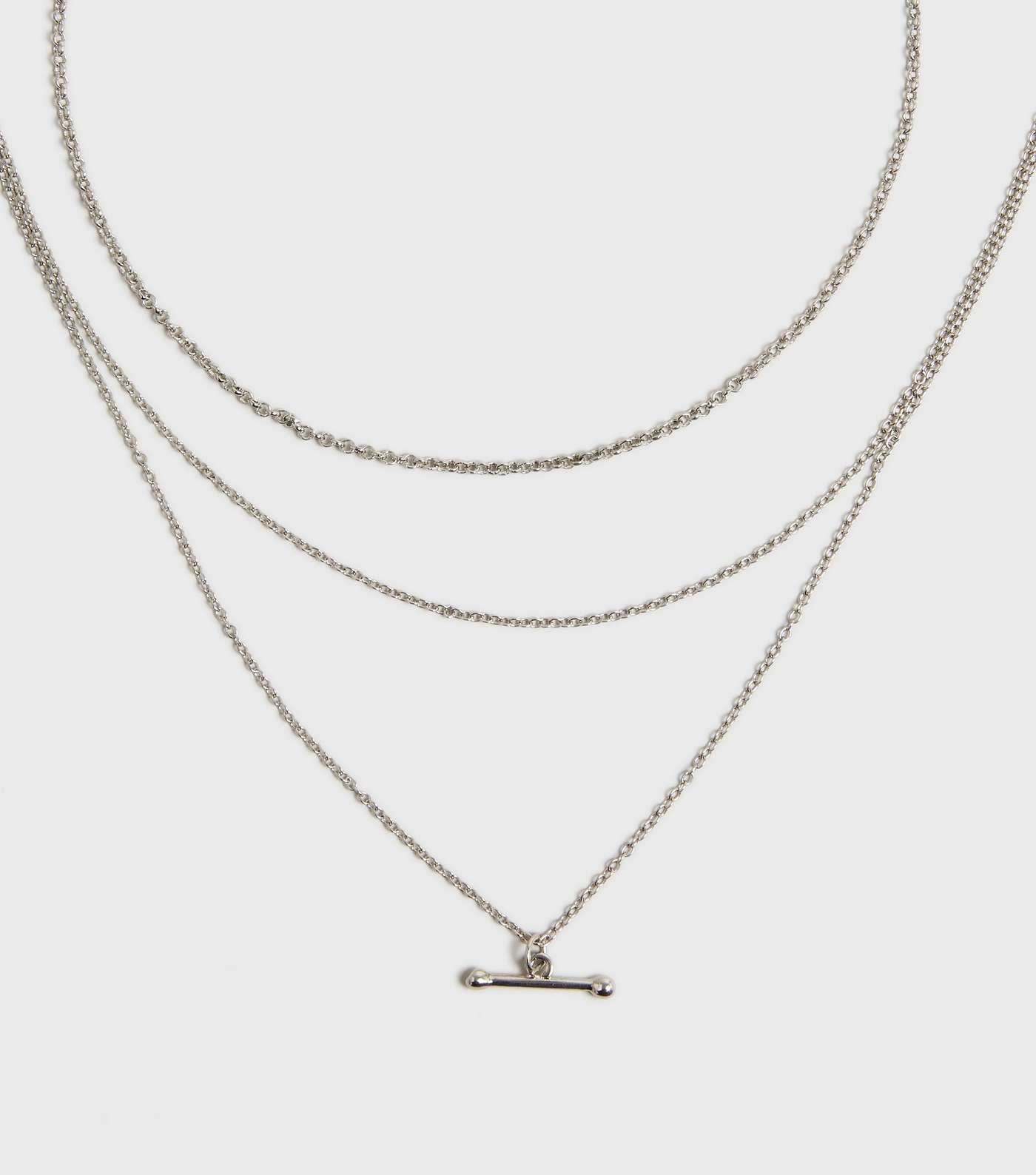 Silver T-Bar Pendant Layered Chain Necklace