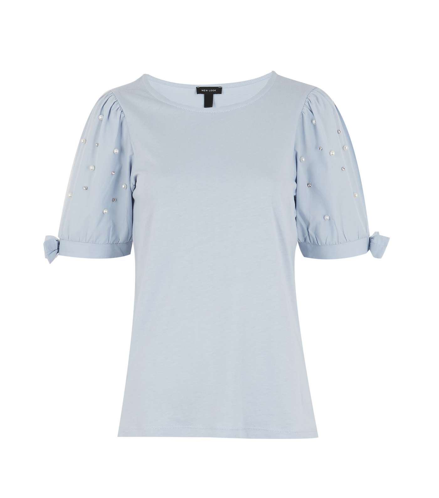 Pale Blue Faux Pearl Poplin Sleeve T-Shirt