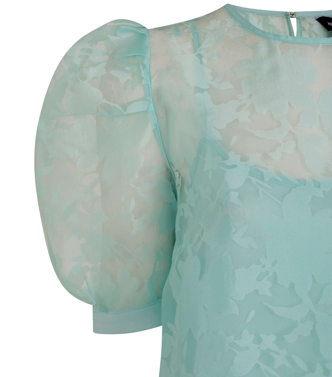 Mint Green Floral Organza Puff Sleeve Top Image 3