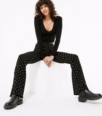 Image of Black Spot Ribbed Flared Trousers New Look
