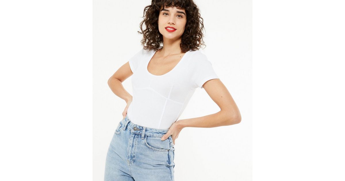 White Ribbed Scoop Neck Seamed Bodysuit | New Look