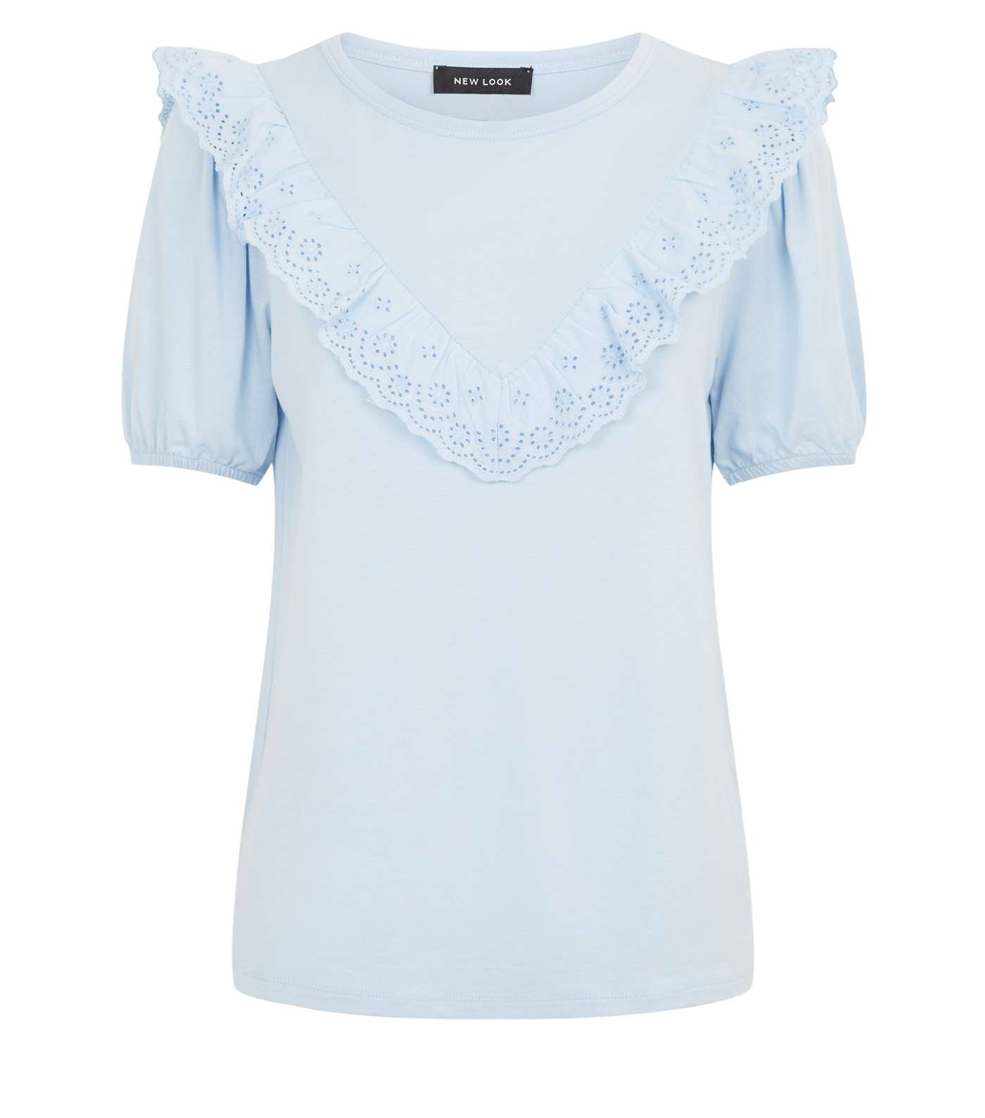 Pale Blue Broderie Frill Puff Sleeve Top Image 2