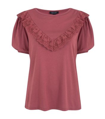 Dark Red Broderie Frill Trim Top | New Look