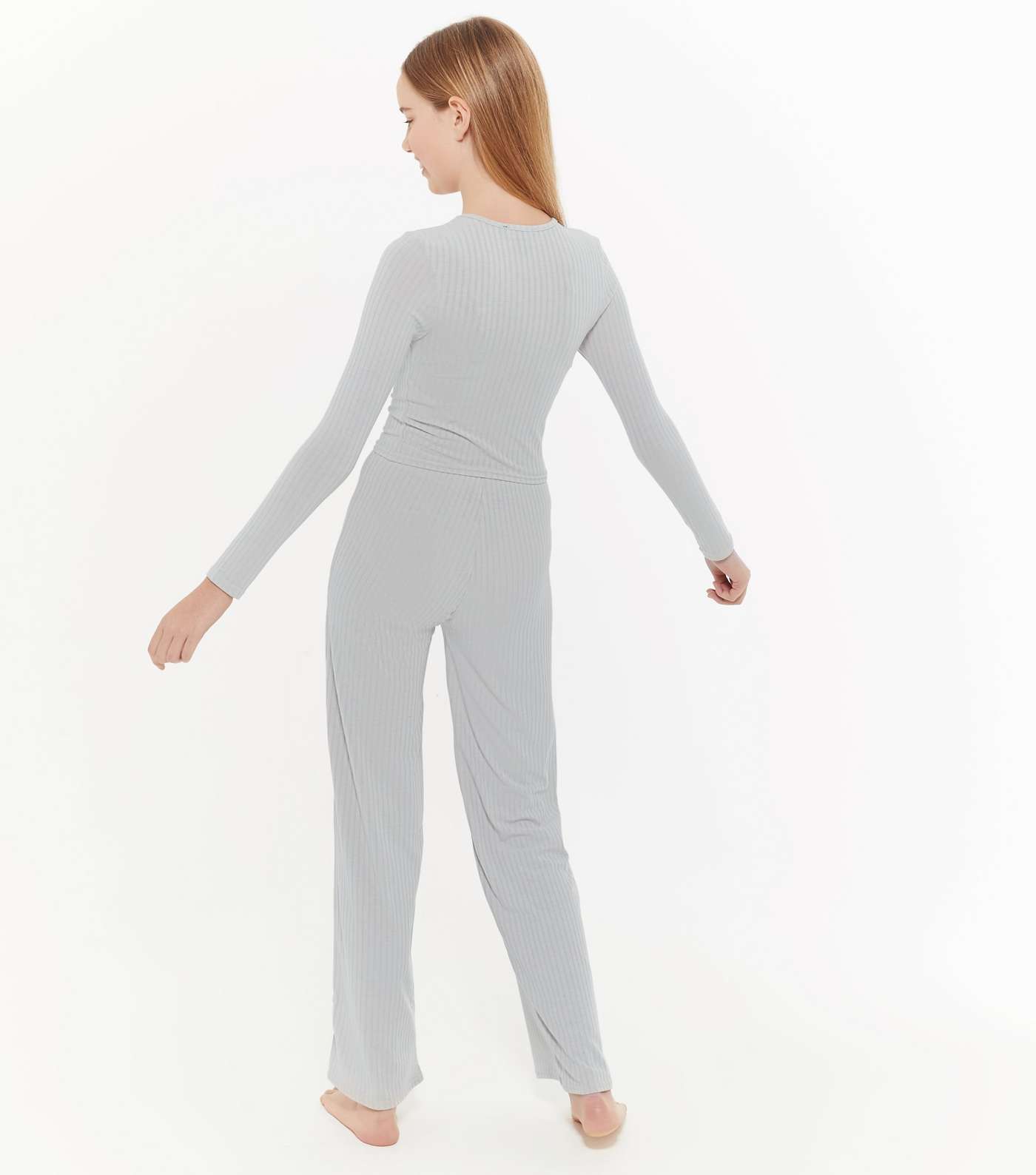 Girls Pale Grey Ribbed Trousers Pyjama Set Image 4