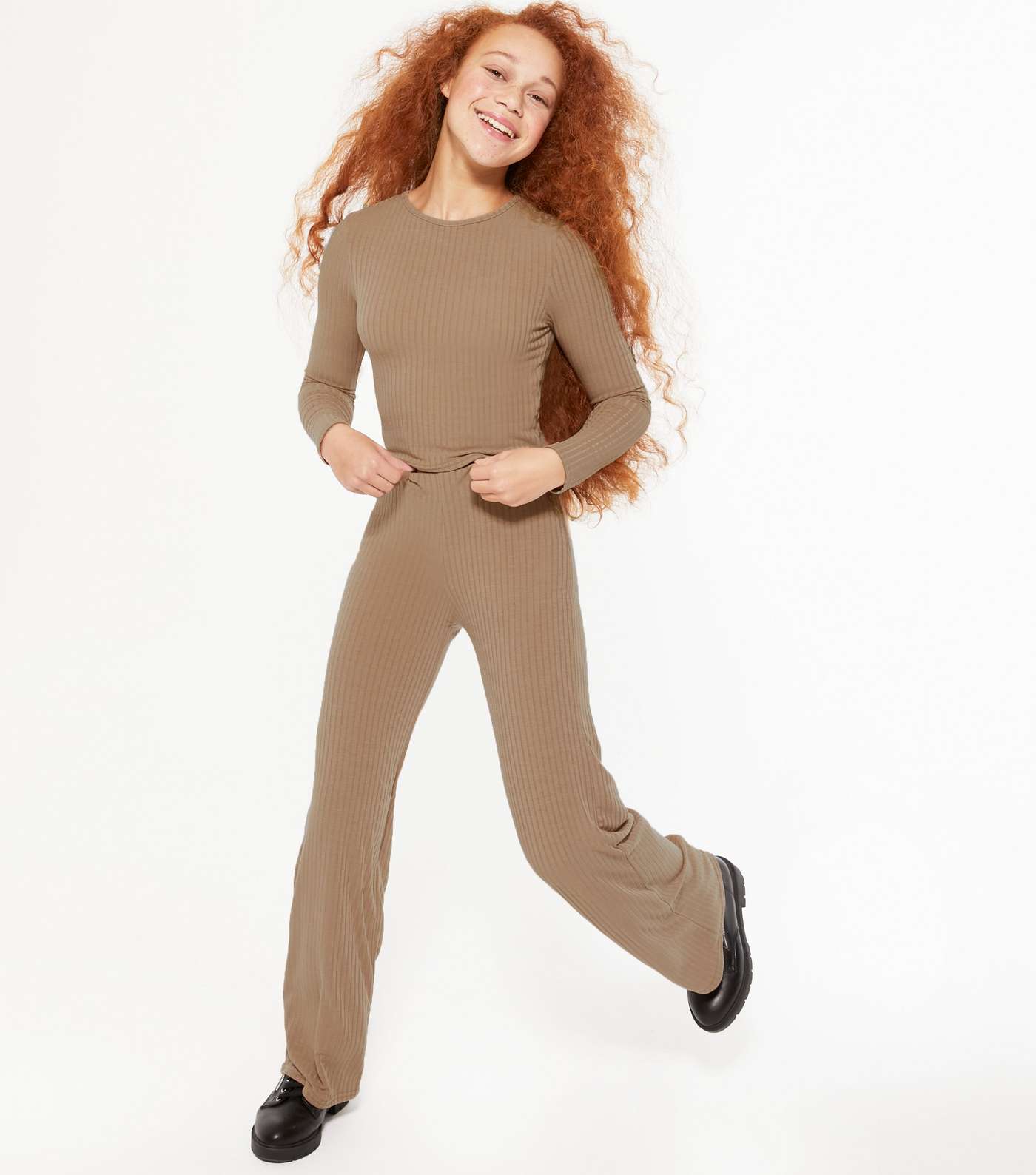 Girls Camel Ribbed Trousers Pyjama Set