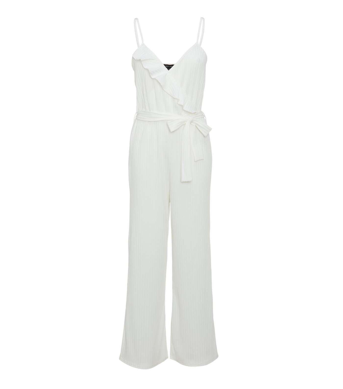 White Ribbed Frill Wrap Jumpsuit