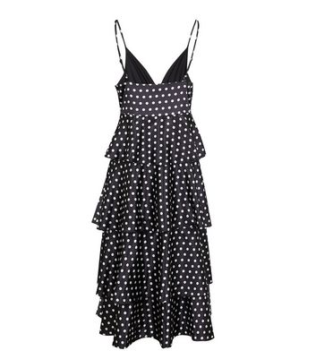 Image of Black Satin Spot Tiered Midi Dress New Look