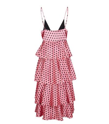 Image of Pink Satin Spot Tiered Midi Dress New Look