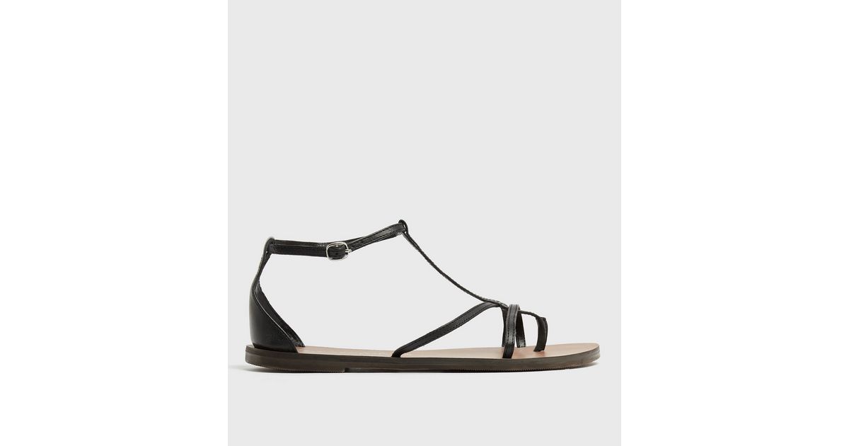 Black Leather Strappy Flat Sandals | New Look
