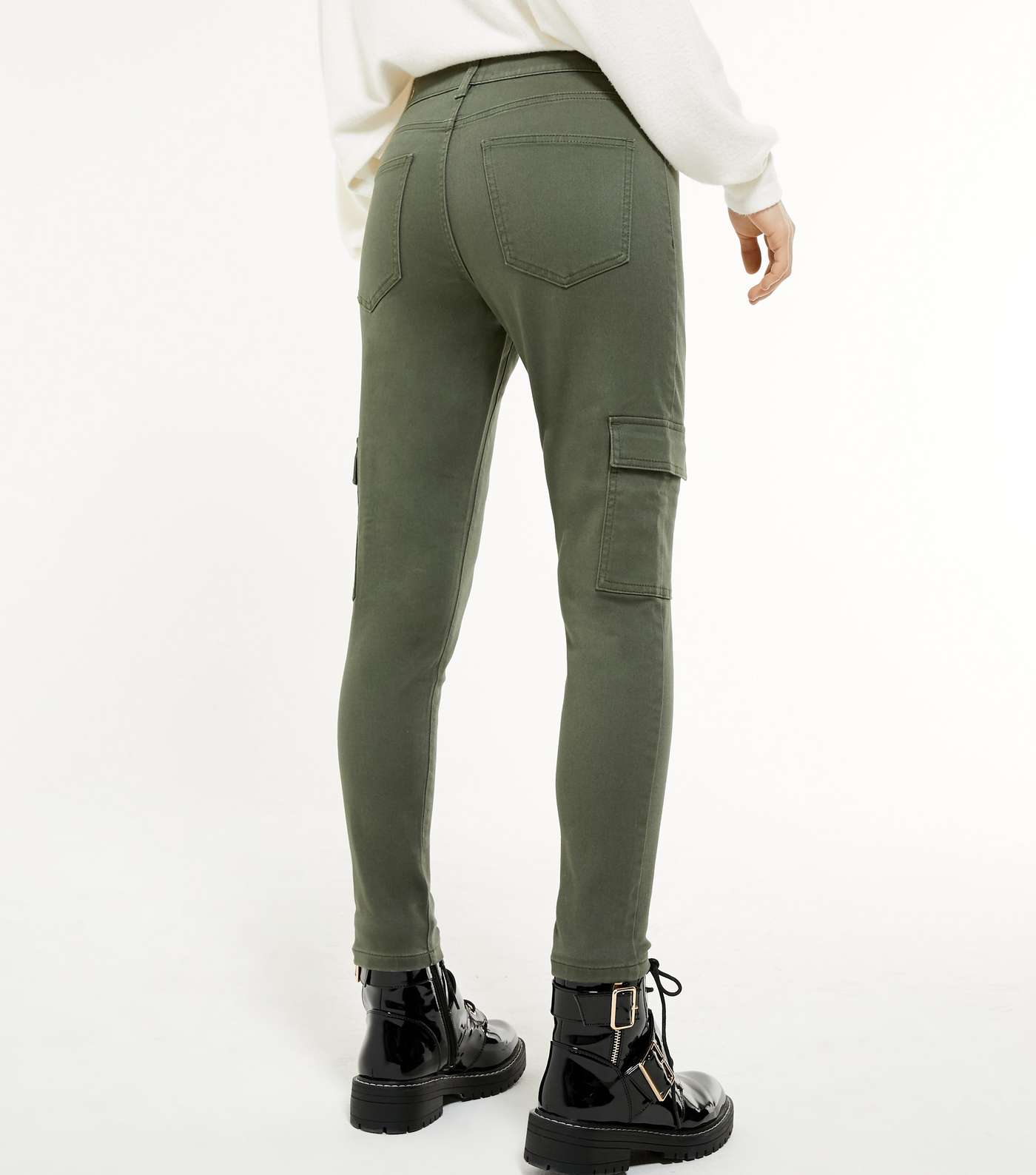Khaki Denim High Waist Super Skinny Cargo Trousers  Image 3