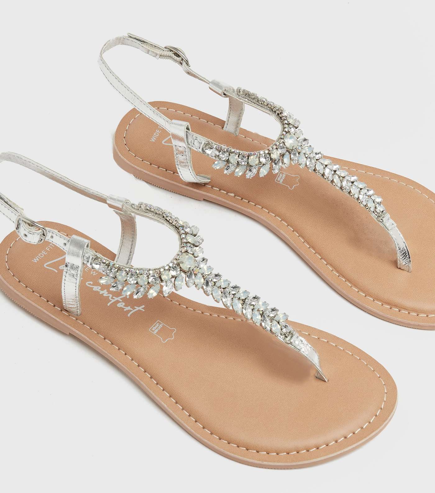 Wide Fit Silver Leather Diamanté Flat Sandals Image 4