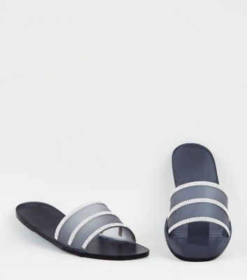Image of Black Diamanté Embellished Jelly Sliders New Look