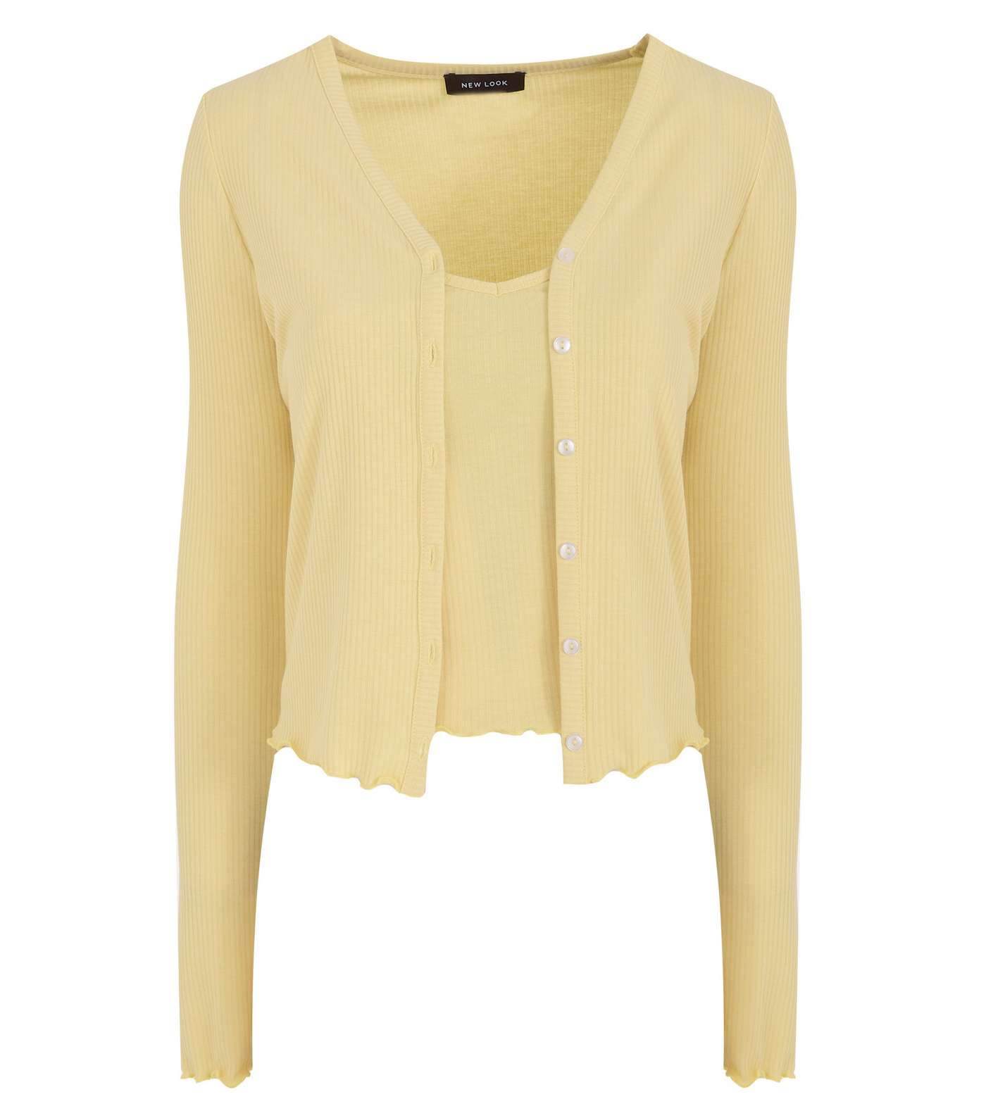 Pale Yellow Ribbed Cardigan and Cami Set