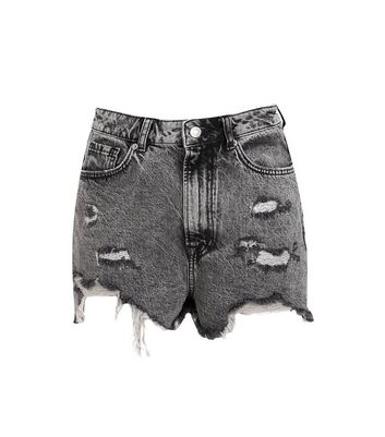 Image of Dark Grey Acid Wash Ripped Mom Shorts New Look