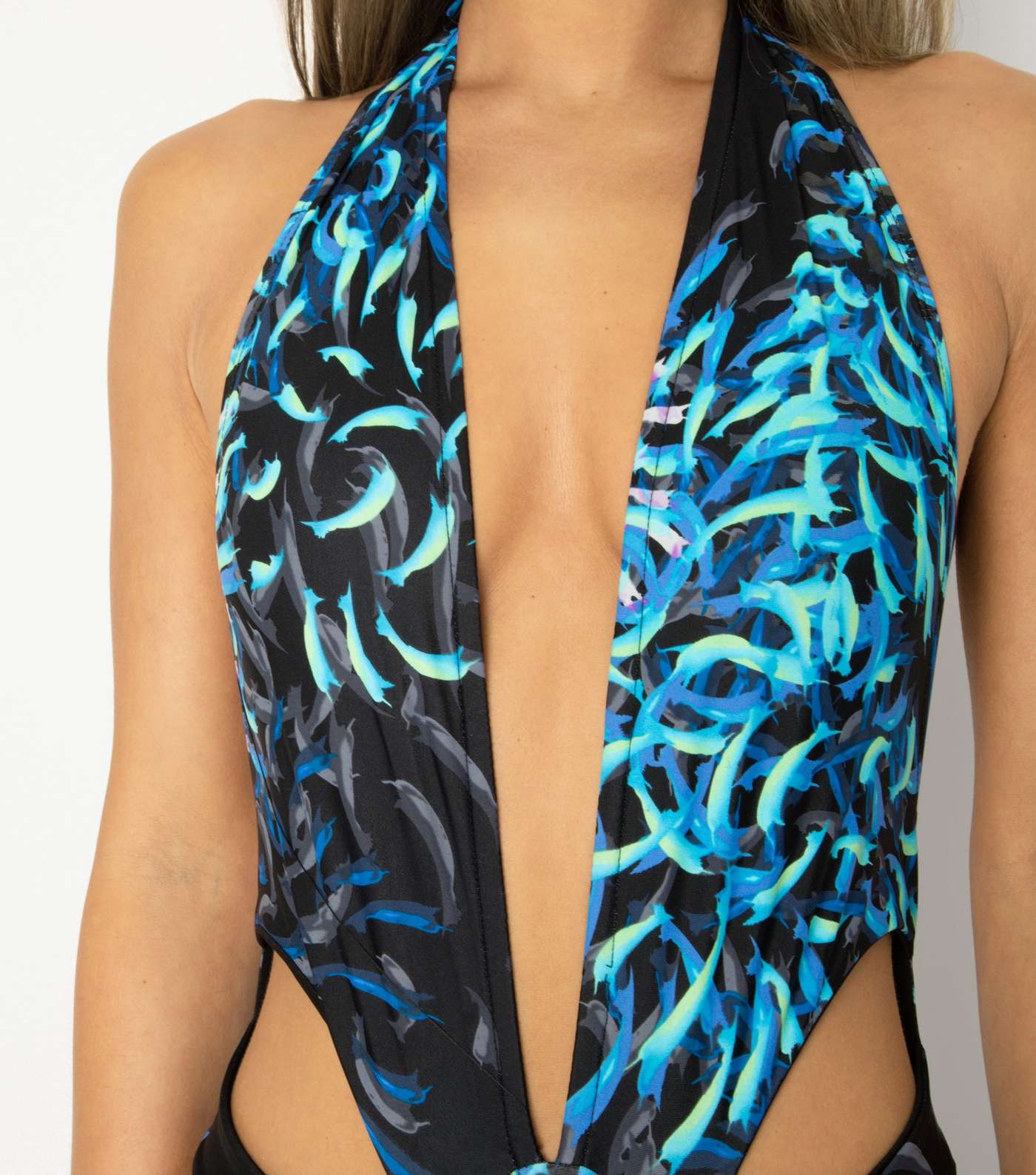 Black Velvet Blue Brushstroke Plunge Neck Swimsuit Image 5