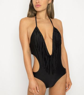 Black Velvet Black Tassel Plunge Neck Swimsuit New Look