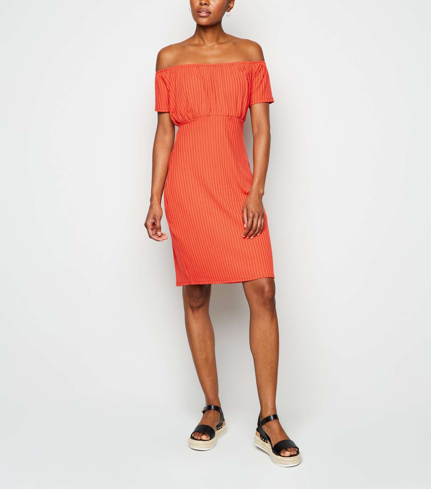 Apricot Bright Orange Ribbed Bardot Dress Image 2