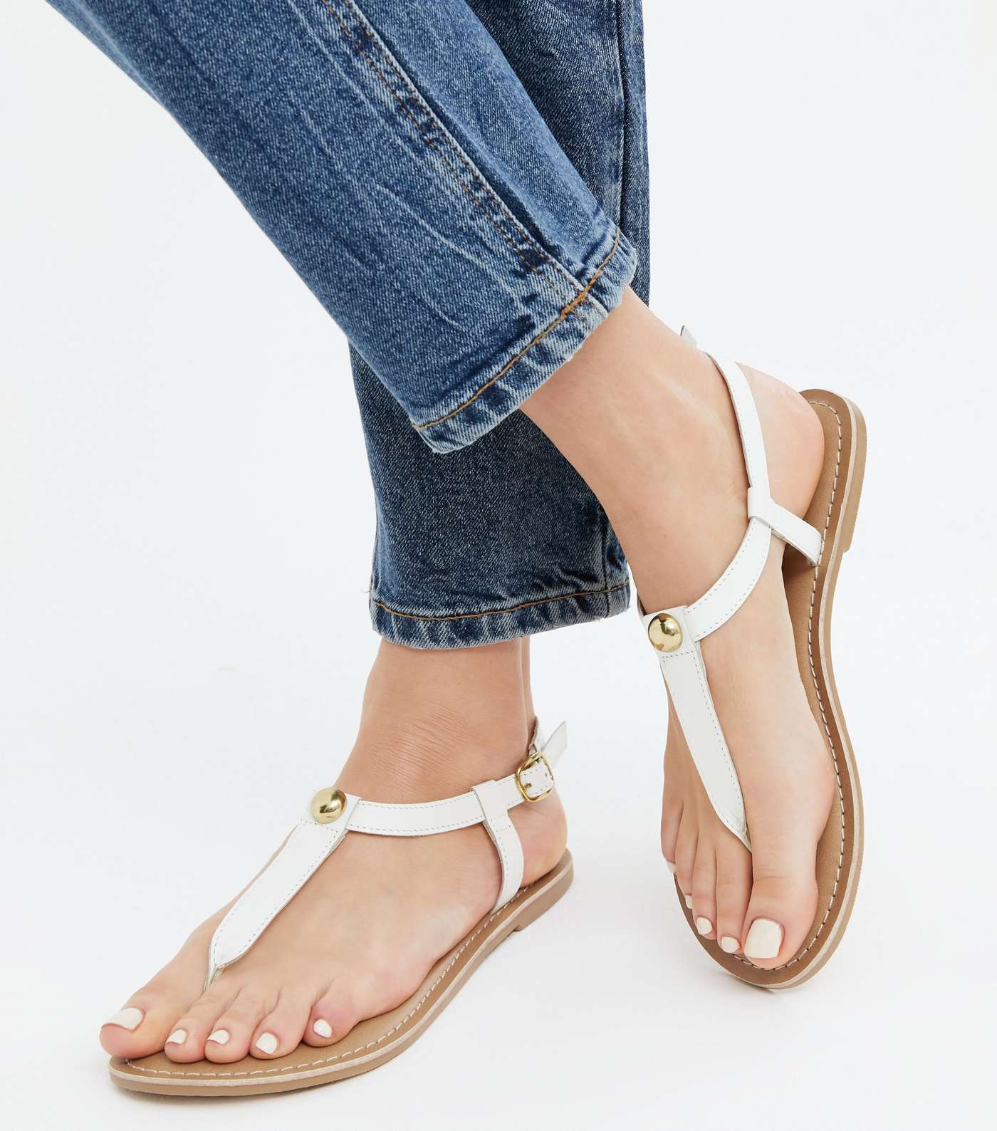 Wide Fit White Leather Studded Flat Sandals Image 2