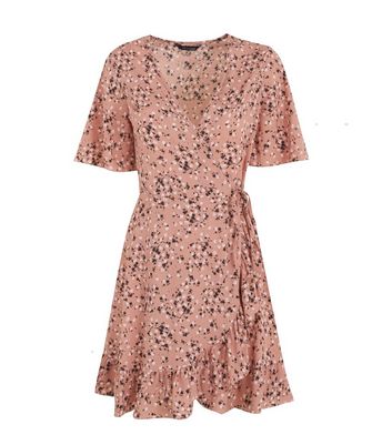 Pink Floral Ruffle Mini Wrap Dress | New Look