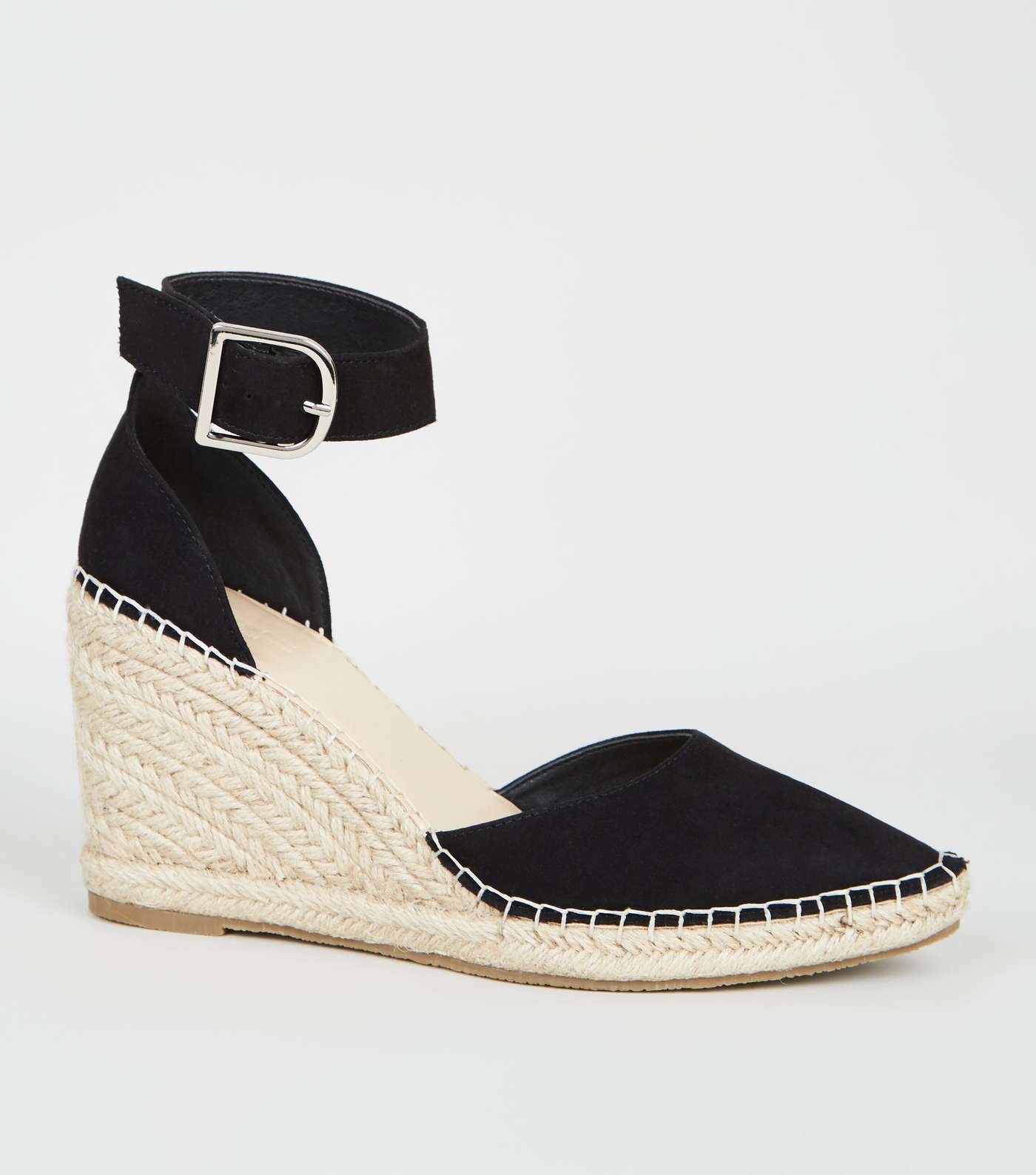 Black Leather-Look Espadrille Wedge Court Shoes