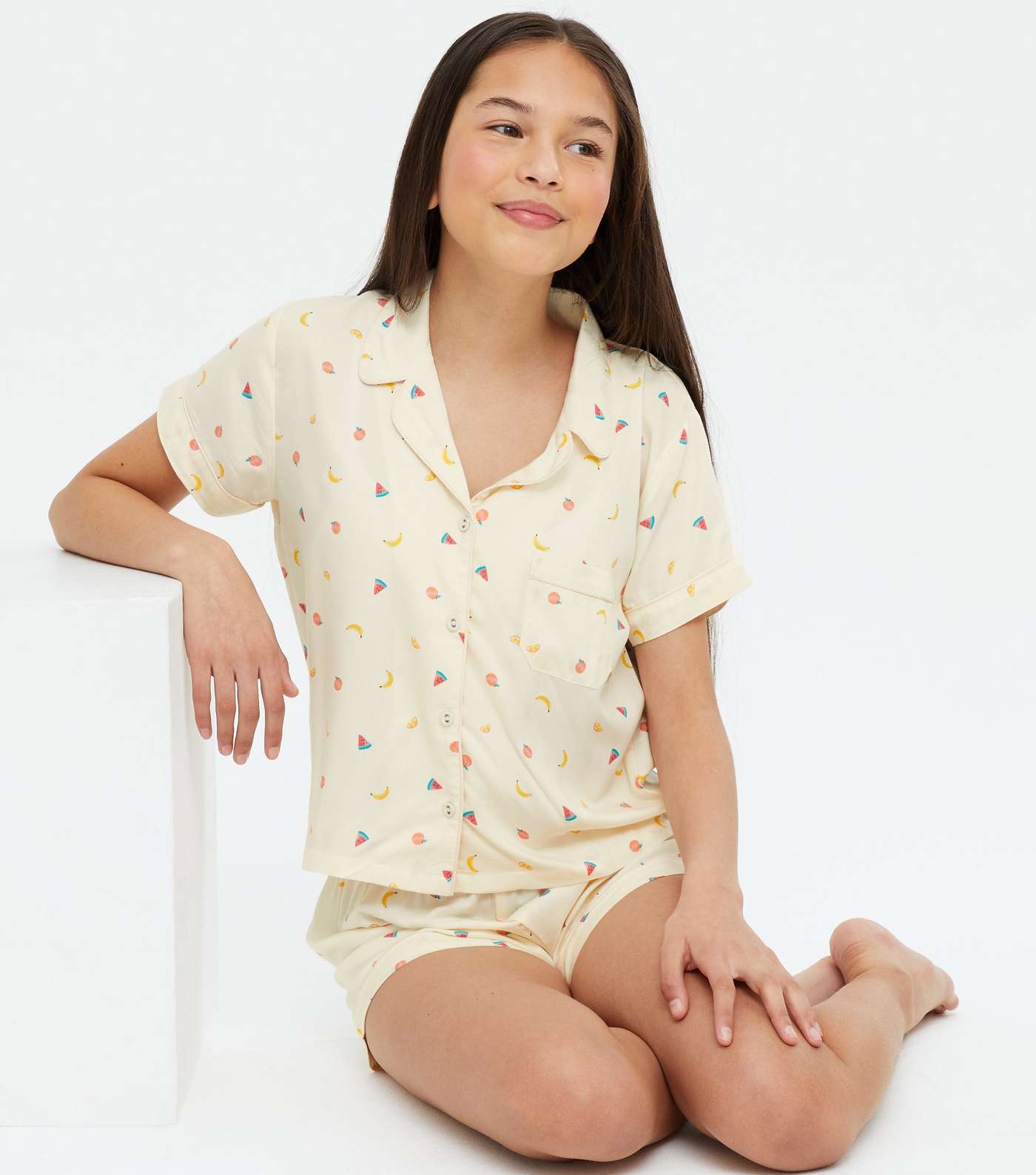 Girls Off White Fruit Revere Short Pyjama Set Image 2