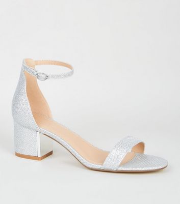 low silver block heels
