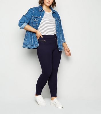 Image of Apricot Curves Navy Button Front Slim Trousers New Look