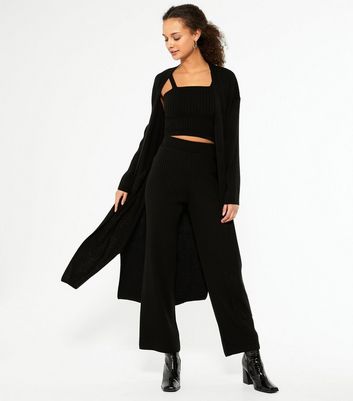 Image of Black Ribbed Knit Wide Leg Trousers New Look
