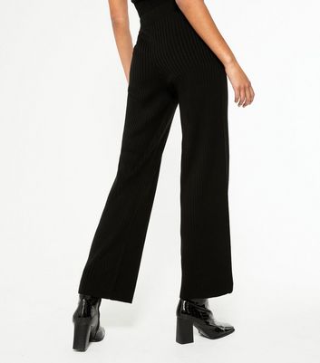 Black Ribbed Knit Wide Leg Trousers 