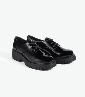 Image of Black Patent Chunky Lace Up Shoes New Look Vegan