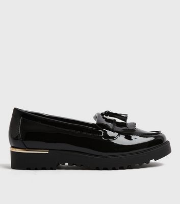Image of Black Patent Tassel Chunky Loafers New Look Vegan
