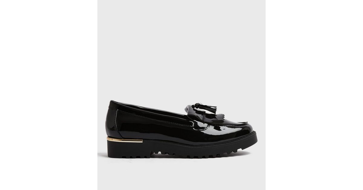 Black Patent Tassel Chunky Loafers New Look