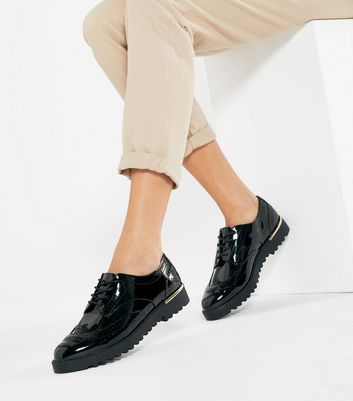 Image of Black Patent Lace Up Chunky Brogues New Look Vegan