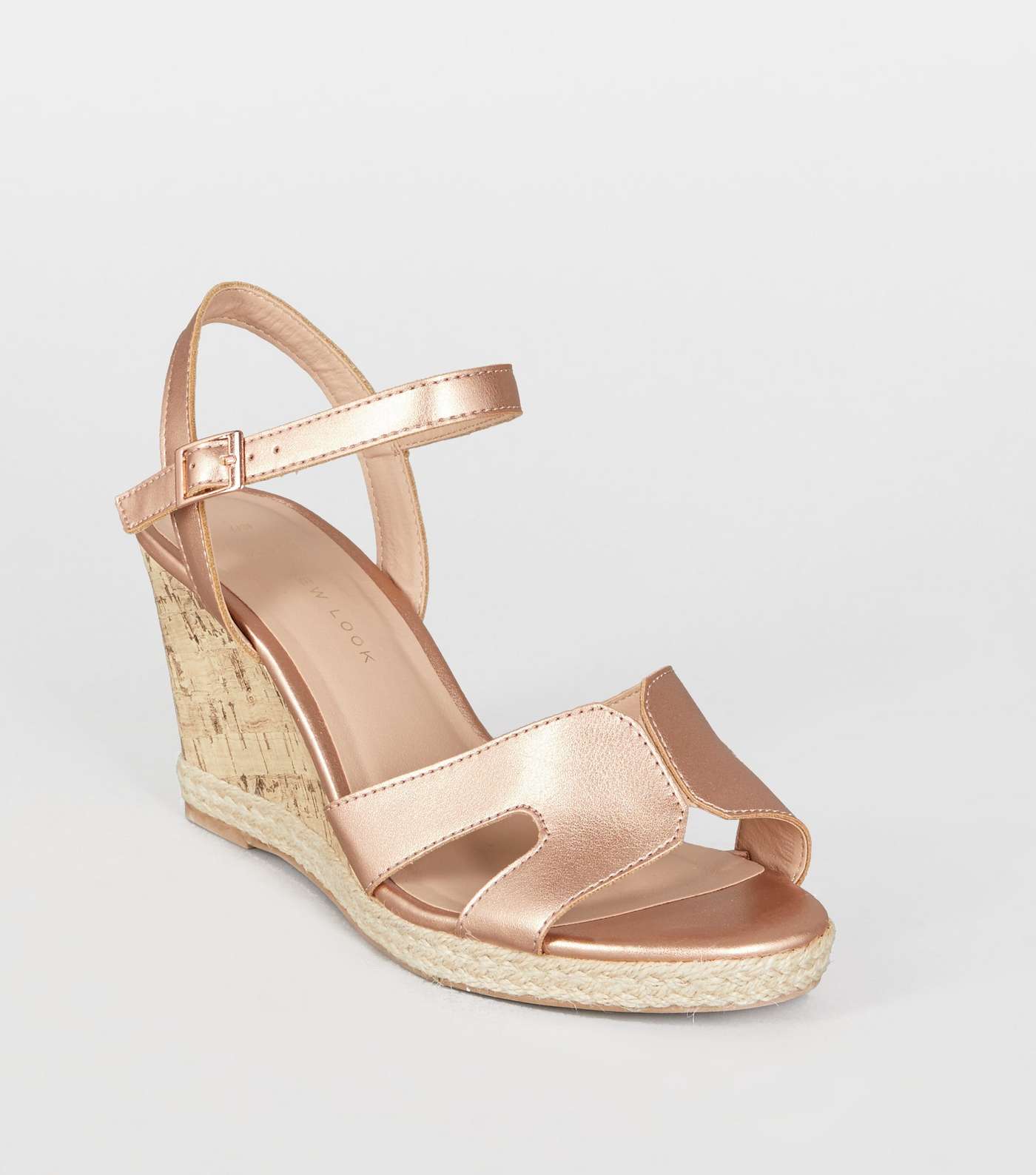 Wide Fit Rose Gold Leather-Look Cork Wedges 