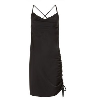 black cowl neck ruched satin mini dress