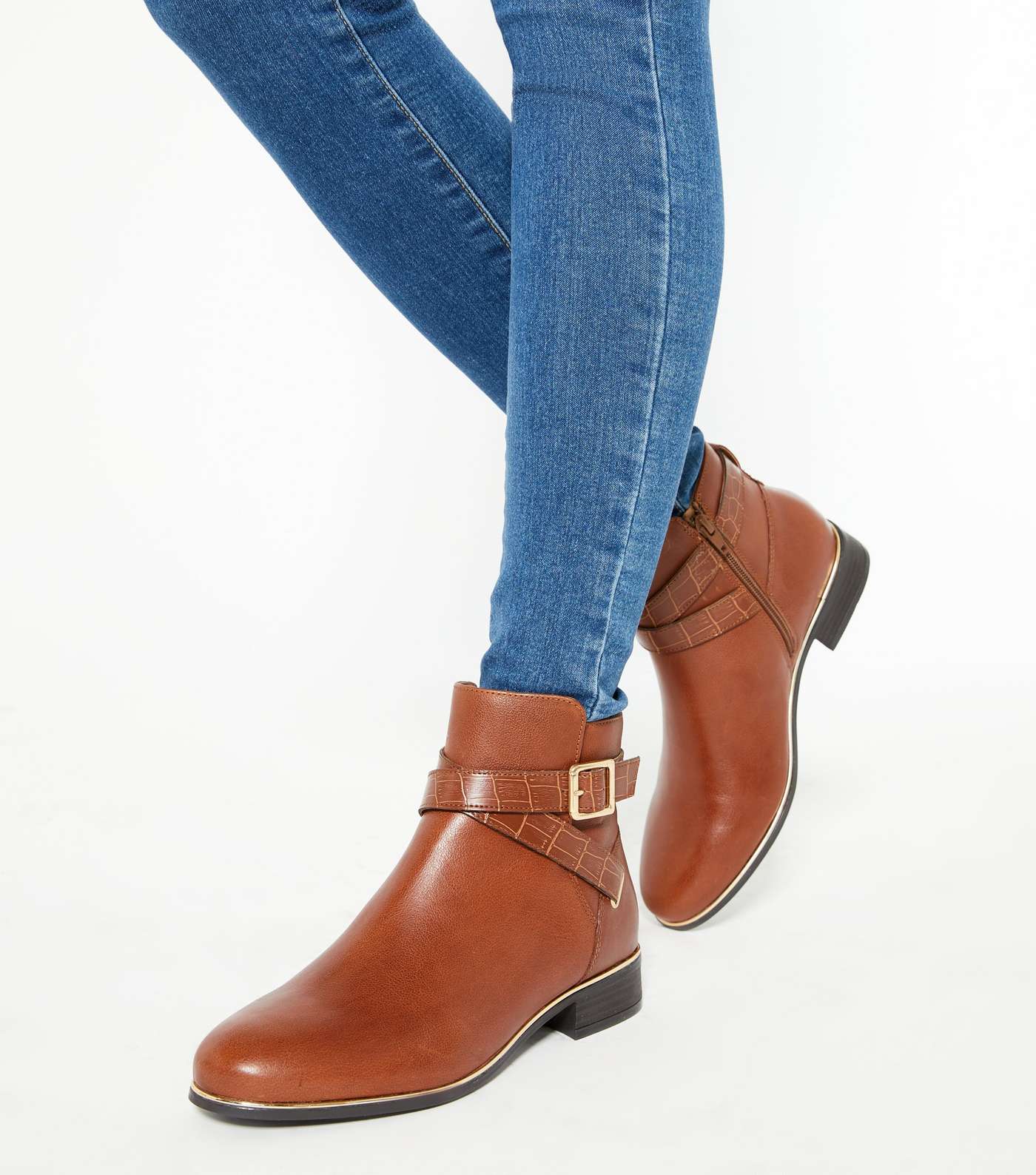 Tan Leather Cross Strap Metal Trim Ankle Boots