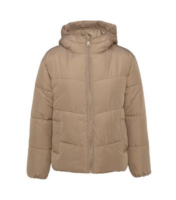 new look hooded boxy puffer in camel