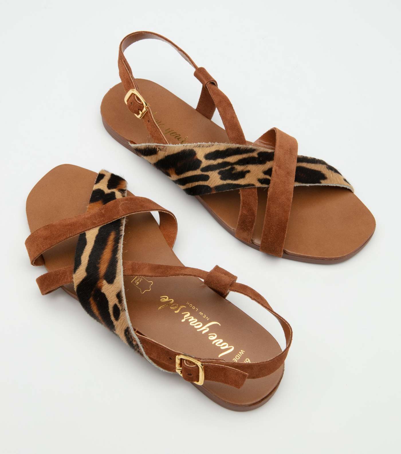 Wide Fit Tan Leather Leopard Print Strap Sandals Image 3