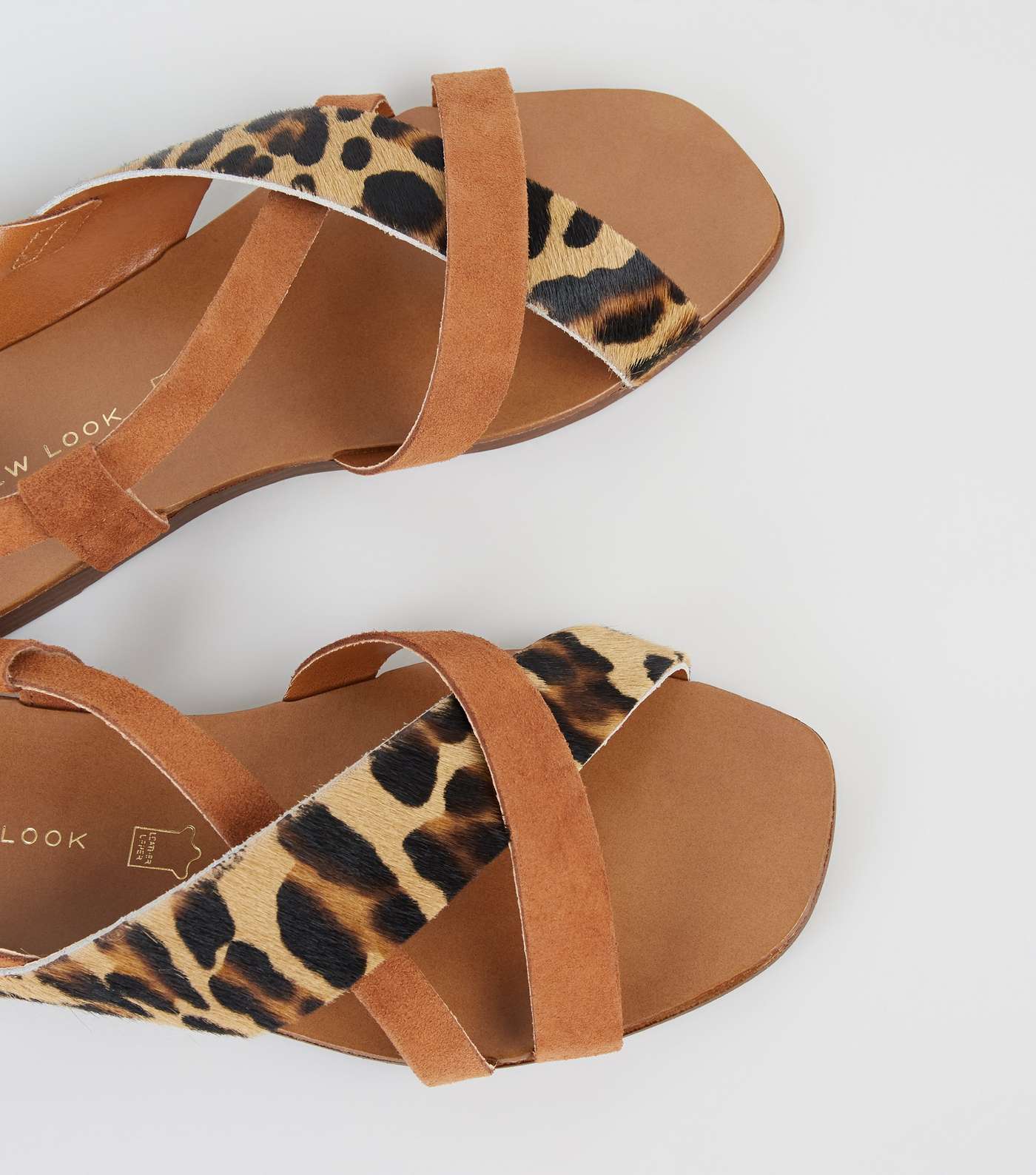 Wide Fit Tan Leather Leopard Print Strap Sandals Image 5