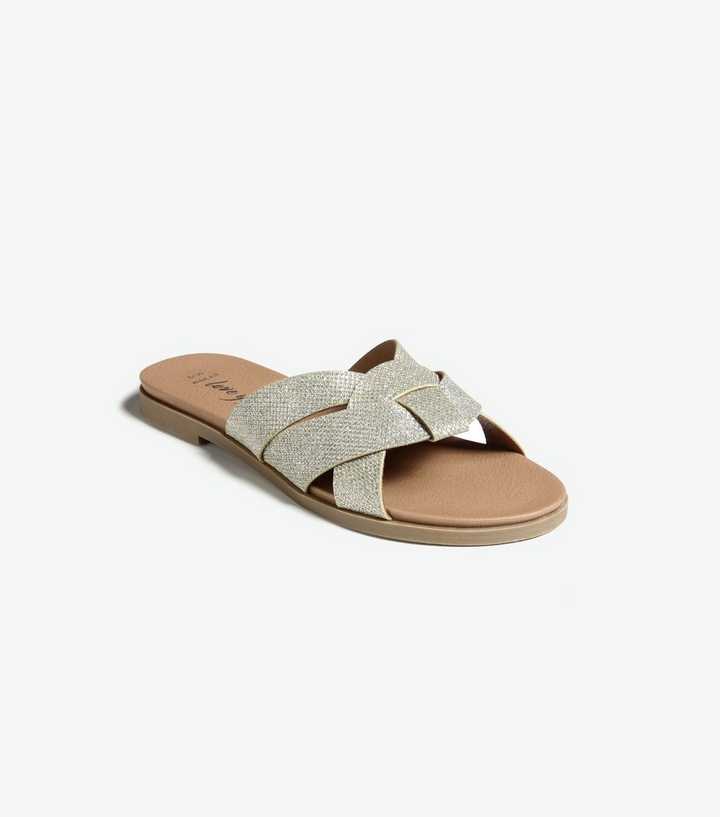 Wide Fit Silver Glitter Cross Strap Sliders