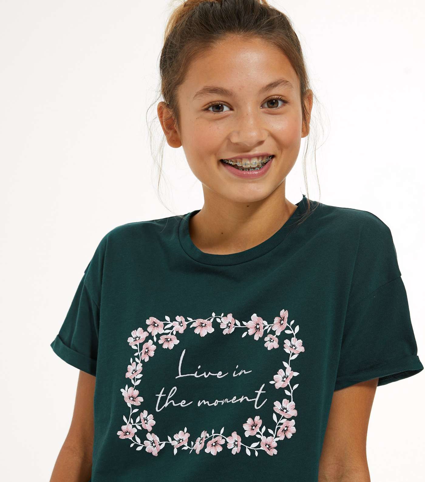 Girls Dark Green Best Life Daisy Slogan T-Shirt  Image 3