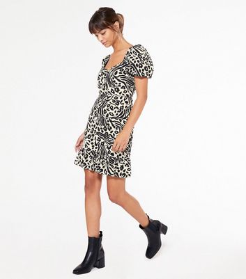 Image of Black Animal Print Belted Ruched Mini Dress New Look