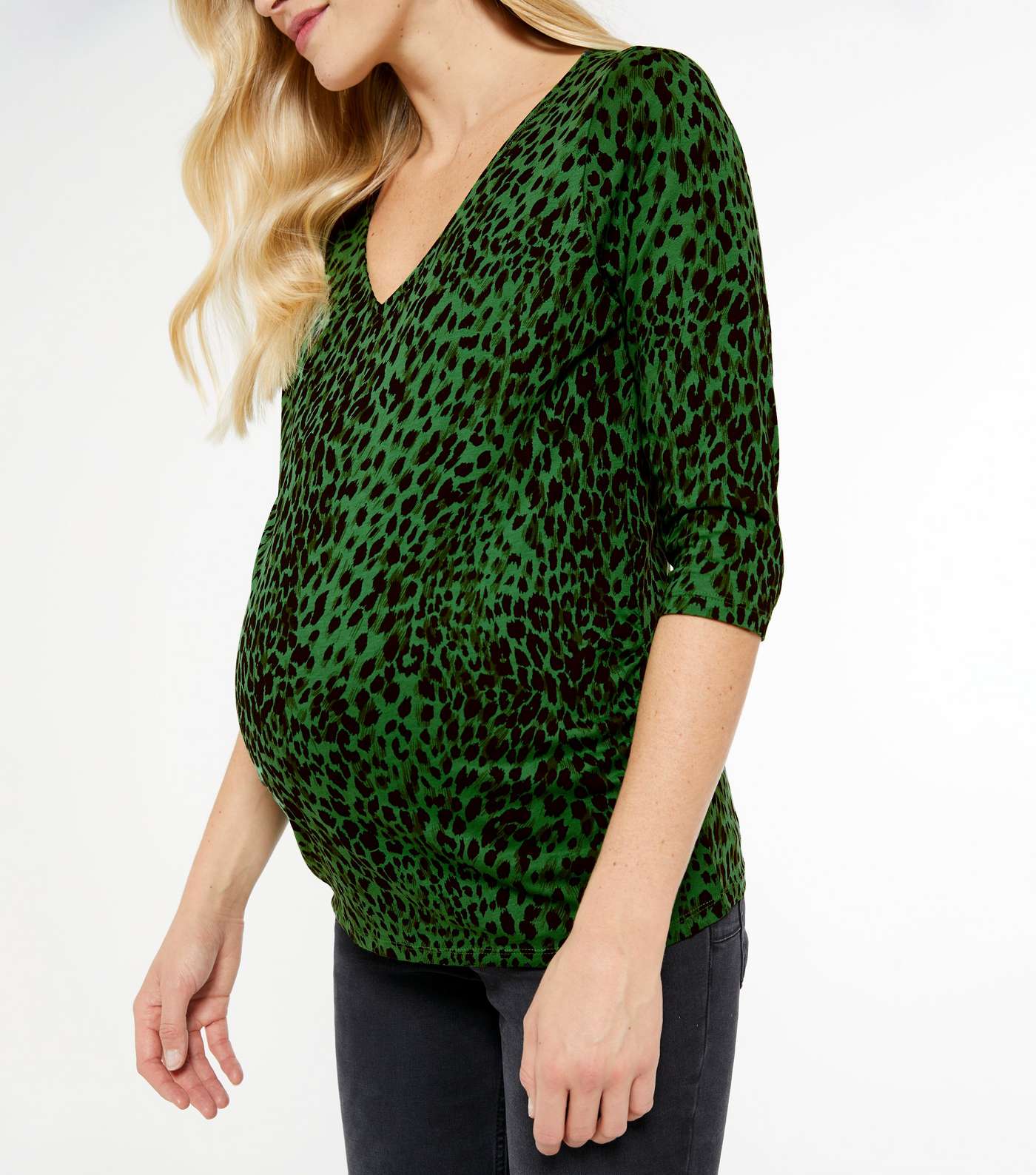 Maternity Green Leopard Print Jersey V Neck Top Image 3