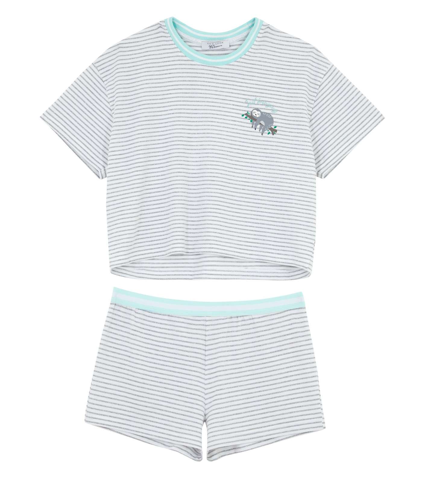 Girls White Glitter Stripe Sloth Short Pyjama Set
