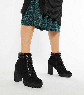 wide fit black suedette block heel chunky boots
