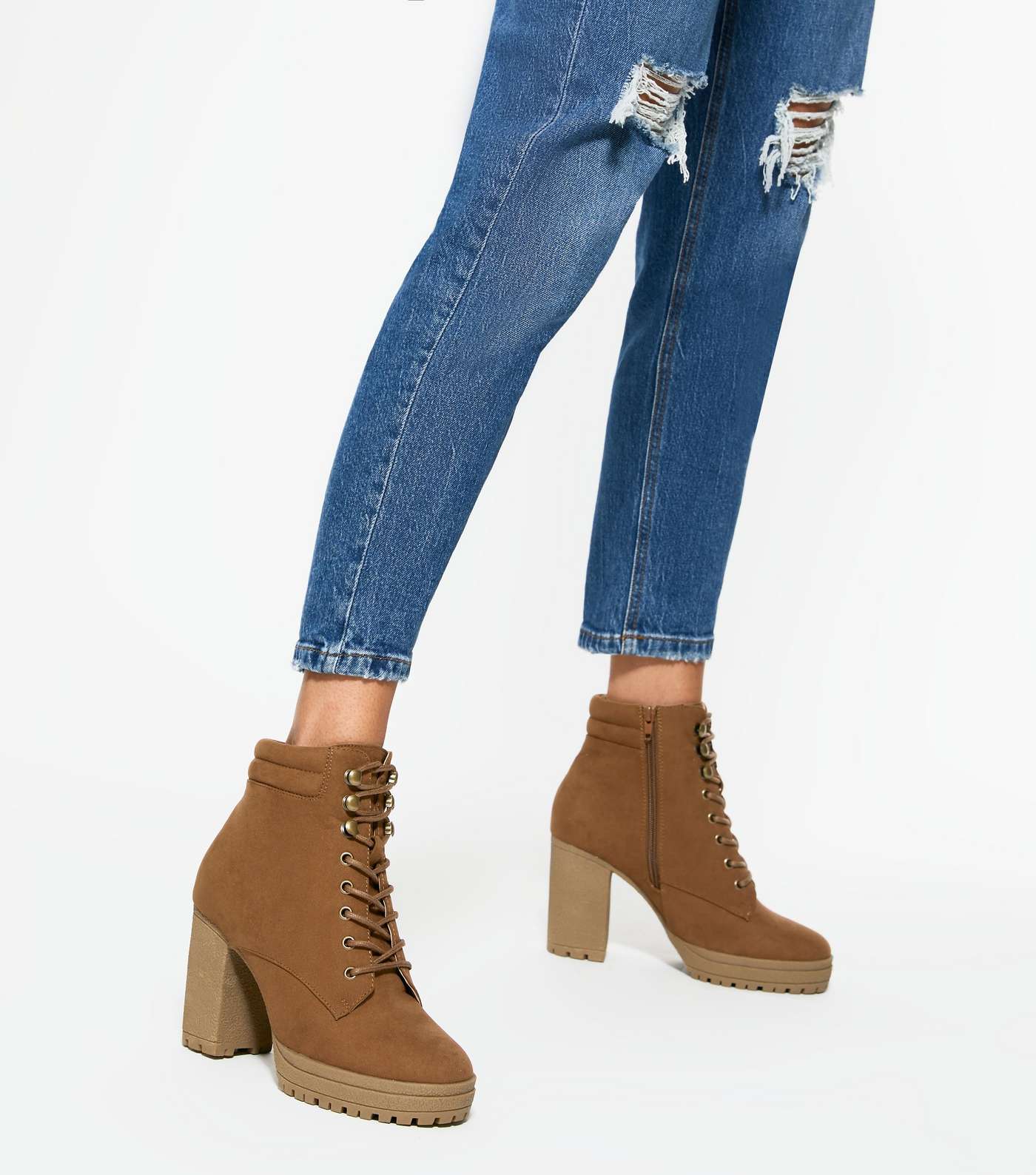 Wide Fit Tan Suedette Lace Up Block Heel Boots