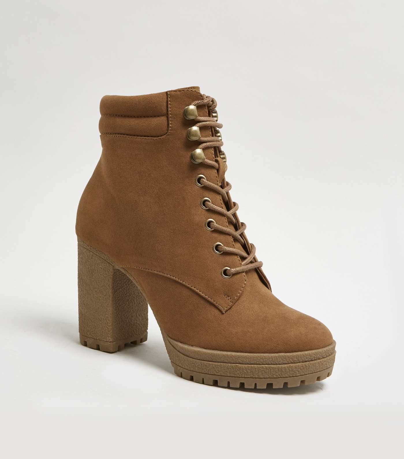 Wide Fit Tan Suedette Lace Up Block Heel Boots Image 3