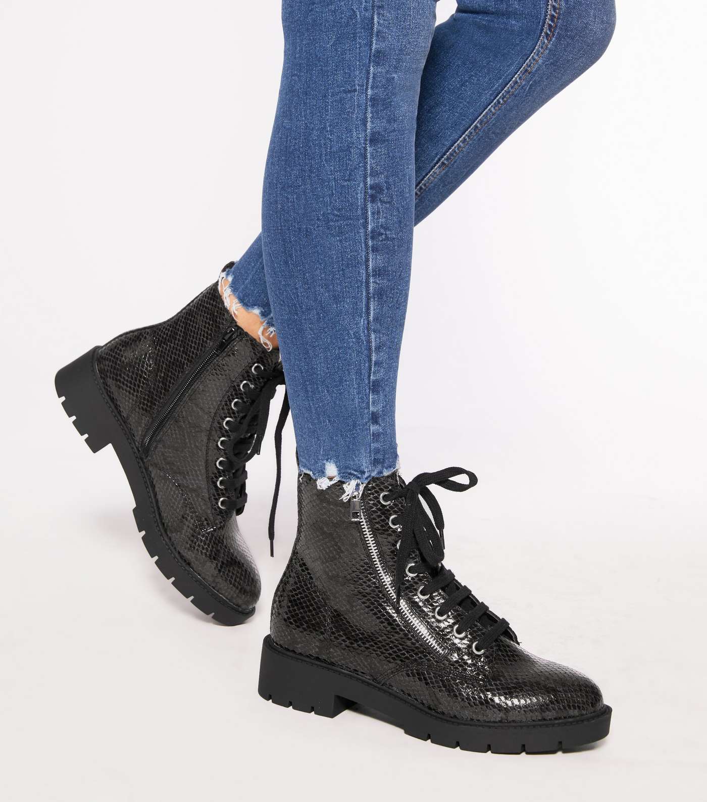 Black Faux Snake Chunky Lace Up Boots