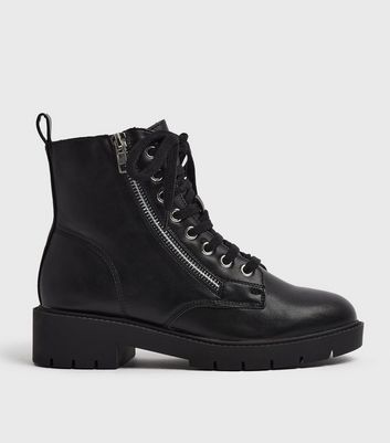 Image of Black Zip and Lace Up Chunky Biker Boots New Look
