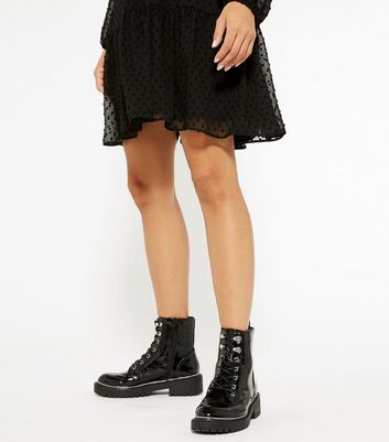 Image of Black Crinkle Patent Chunky Biker Boots New Look Vegan